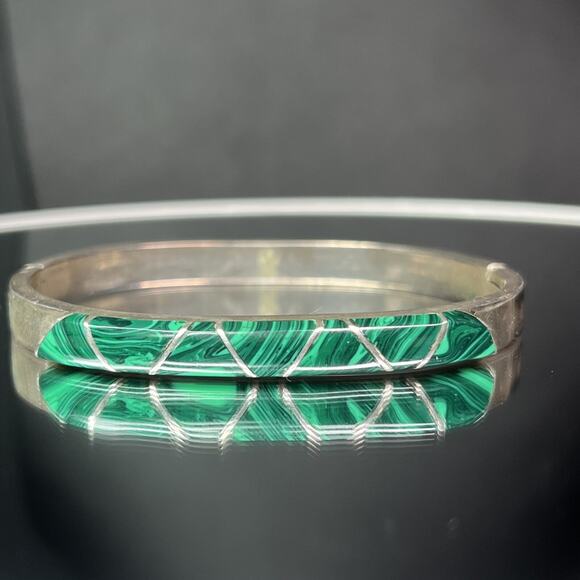 Vintage Mexico Taxco Sterling Silver Malachite Hinged Bangle Bracelet Signed 925 - Picture 1 of 14
